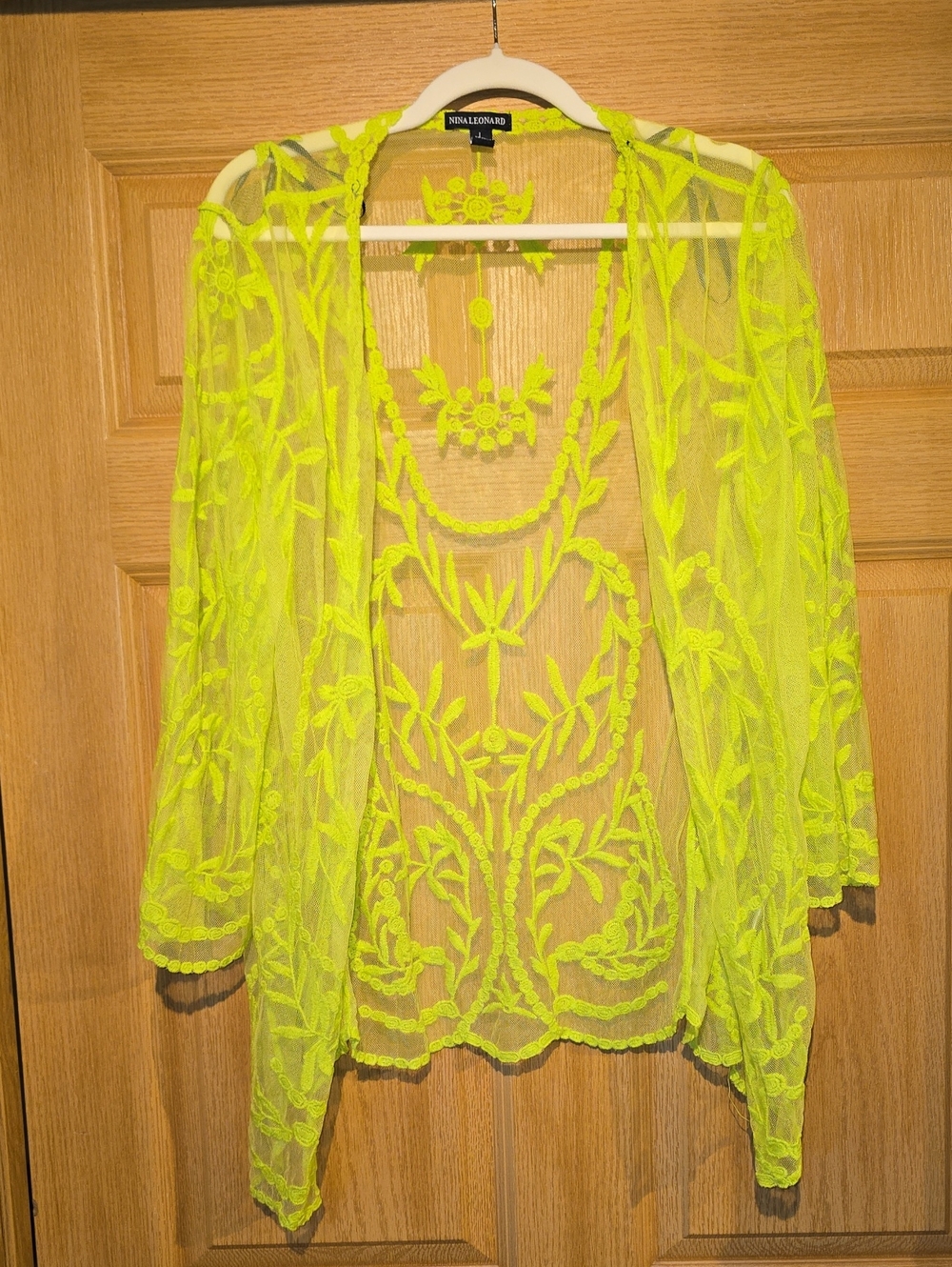Nina Leonard Neon Yellow Sheer Embroidered Cardigan